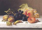 Johann Wilhelm Preyer Grapes peaches and plums on a marble ledge Spain oil painting artist